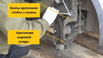 Выкручиваем болты крепления стойки к кулаку, а так же болт шаровой опоры Шаровая опора КИА Рио